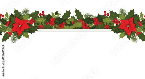 Festive Christmas floral border with red poinsettia flowers green holly leaves and berries along with pine branches on white space.