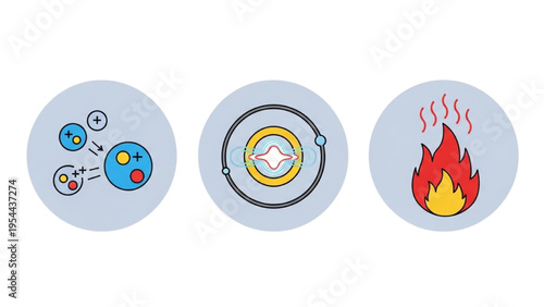 Nuclear Fusion Energy Vector Icon Sheet, Magnetic Confinement Tokamak, Atomic Plasma Reaction, High Temperature Symbols, Physics Line Art Icon Set