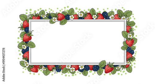 Rectangle frame composed of hand drawn strawberries and blueberries with green leaves and white flowers on a white background.