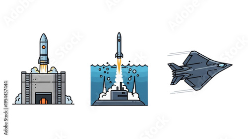 Nuclear Missile and Delivery Systems Vector Icon Sheet, ICBM Silo, Submarine Missile Launch, Stealth Bomber Aircraft, Military Line Art Icon Set