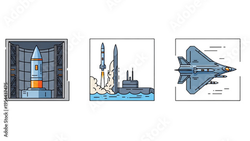 Nuclear Missile and Delivery Systems Vector Icon Sheet, ICBM Silo, Submarine Missile Launch, Stealth Bomber Aircraft, Military Line Art Icon Set