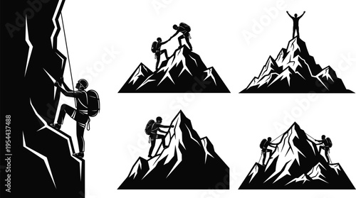 Black and white vector illustration of mountain climbing silhouettes, climbers ascending, teamwork, summit victory, outdoor adventure sport, mountaineering challenge concept design