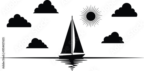 Black and white vector illustration of sailboat on water with reflection, stylized clouds and sun, peaceful maritime scene, minimalist nautical design art