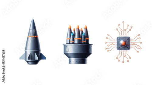 Nuclear Missile and Delivery Systems Vector Icon Sheet, ICBM Silo, Submarine Missile Launch, Stealth Bomber Aircraft, Military Line Art Icon Set