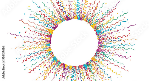 Circular blank frame surrounded by colorful festive streamers and confetti for parties birthdays and celebratory event designs.