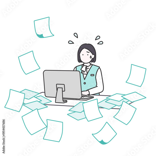 書類整理に追われる医療事務スタッフ（カルテ整理・業務負担）のイラスト