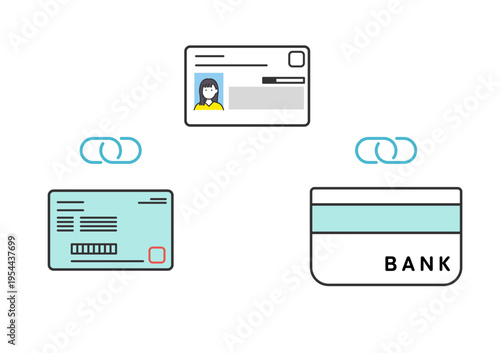 マイナンバーカードと保険証・銀行口座の紐づけを表すシンプルベクターイラスト