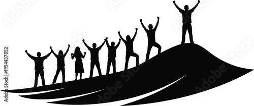 Black and white vector illustration of ten people silhouettes standing on hill, arms raised in victory, teamwork unity, collective success concept design