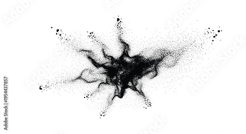 Explosion of black ink or powder particles creating a dynamic abstract splash shape against a plain white background for design.
