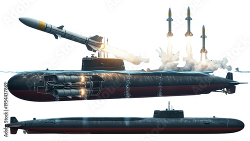 Submarine Launched Ballistic Missile Vector Icon Sheet, SLBM Naval Launch, Nuclear Submarine Silhouette, Underwater Missile Fire, Line Art Icon Set