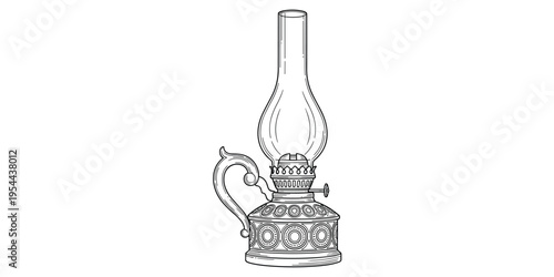 Antique oil lamp illustration, vintage lighting, ornate base, glass chimney, wick adjuster, historical craftsmanship, decorative design, black and white vector artwork