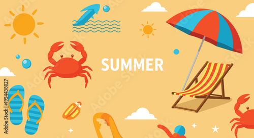 Fun summer beach theme illustration with an umbrella lounge chair crab flip flops and a dolphin jumping in the blue ocean waves.