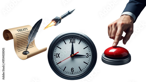 Doomsday Clock Vector Icon Sheet, Nuclear Geopolitics Symbols, Peace Treaty Document, Red Button Hand, Missile Stop Sign, Political Line Art Icon Set