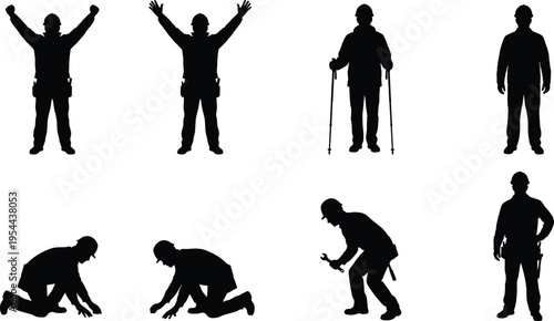 Black silhouette collection of construction workers in various poses including kneeling standing celebrating and using tools for industrial building site
