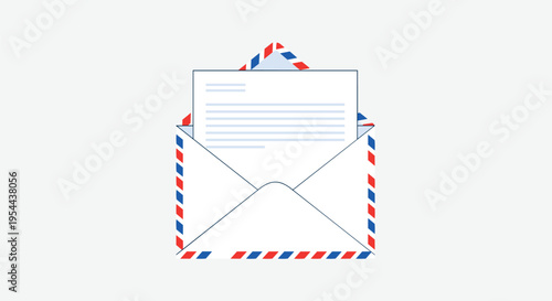 White envelope with red and blue striped edges opened to reveal a document inside representing mail delivery or communication.