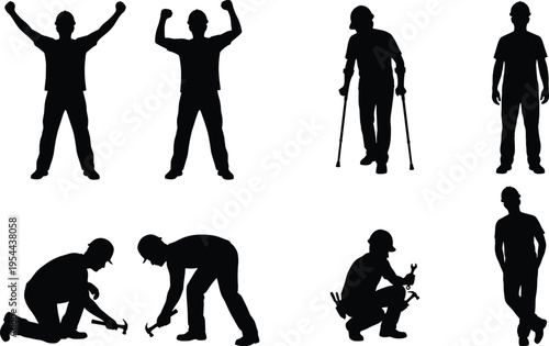 Black silhouette collection of construction workers in different poses including hammer work celebrating success standing and injured worker on crutches for industrial