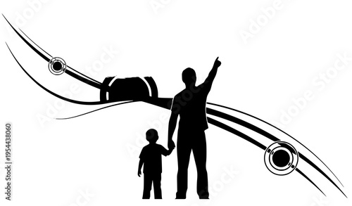Father and son pointing upward with abstract future concept modern black silhouette vector isolated on white background