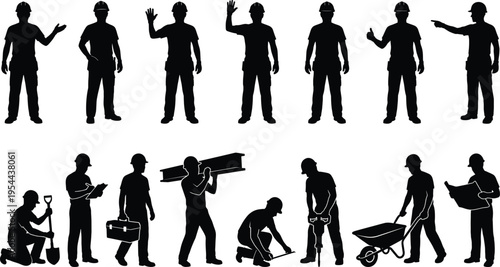 Black silhouette collection of construction workers in various poses including waving pointing holding tools and using wheelbarrow for industrial building site