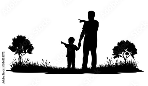 Father holding son hand pointing into distance family silhouette black vector illustration isolated on white