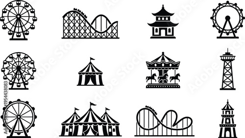Amusement park icon set featuring ferris wheel roller coaster circus tent carousel horse and observation tower silhouettes for carnival theme park design