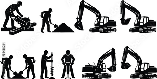 Black silhouette collection of construction workers using excavators and digging tools with jackhammers and circular saws for building site development industrial