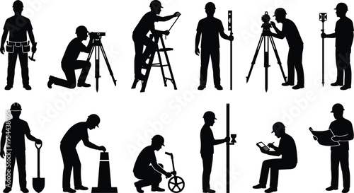Black silhouette collection of construction surveyors and engineers using theodolite levels and measuring tools for building site planning and road development
