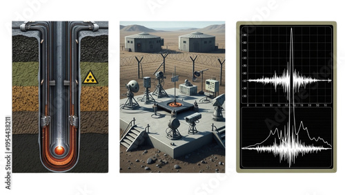 Nuclear Testing Vector Icon Sheet, Underground Test Shaft, Seismic Graph Spike, Atomic Test Platform, Scientific Research Line Art Design Icon Set