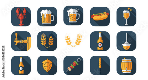 Set of fifteen flat style icons for a pub or brewery featuring beer mugs bottles snacks wheat and a wooden barrel background.
