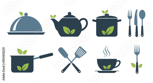 Set of blue kitchen utensils and cookware icons decorated with green leaves representing healthy cooking and organic food preparation.