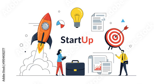 Startup business launch concept with a rocket taking off surrounded by a light bulb target graph and professional team members.