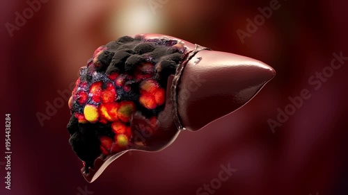 Fatty liver disease and liver cancer concepts illustrate anatomy of damaged human liver or abnormal tissue or lumps of fat. for medical education. Animation, 3D render.
