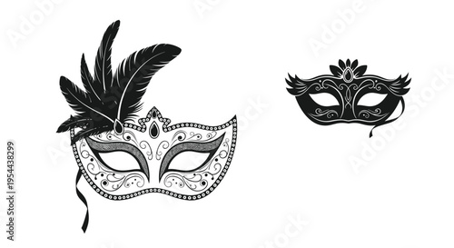Two ornate black and white masquerade masks with decorative swirls and feathers for carnival or costume ball party invitations.