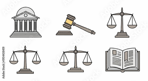 Law and justice symbols scales gavel court building and legal book icons