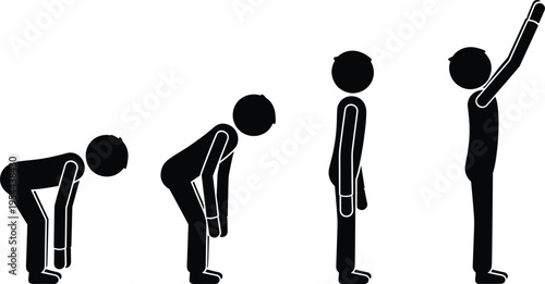 Black silhouette sequence of four figures demonstrating stretching exercise progression, from bent posture to upright stance with raised arms, fitness vector illustration