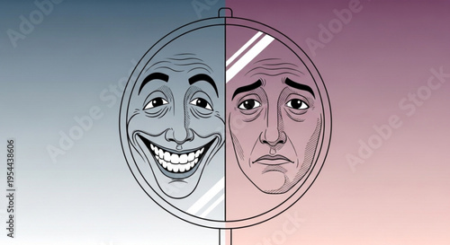 Split personality faces in mirror with dual expression happy and sad on gradient background