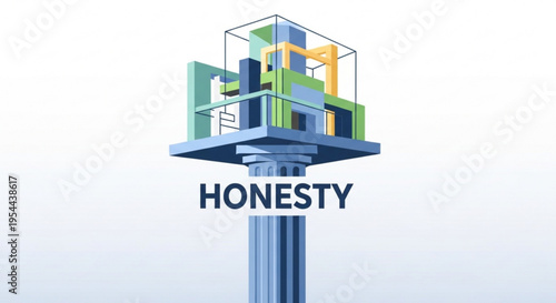 3d illustration of a multicolored building on a pedestal with the word honesty