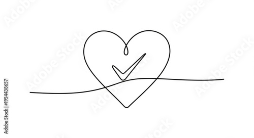Heart with checkmark symbol in minimalist line art style on white background