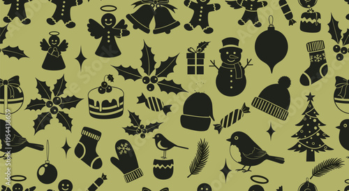 Seamless pattern of black Christmas silhouettes like snowmen trees angels and bells on a light olive green background.