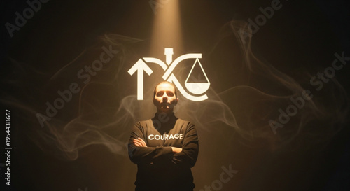 Man with skull face and courage text on shirt standing under illuminated scales and arrow symbol