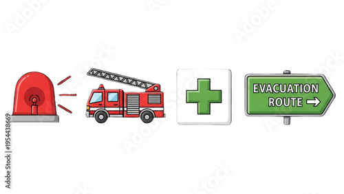 Nuclear Emergency Response Vector Icon Sheet, Disaster Evacuation Route, Siren, Fire Engine, First Aid Cross, Emergency Management Line Art Icon Set