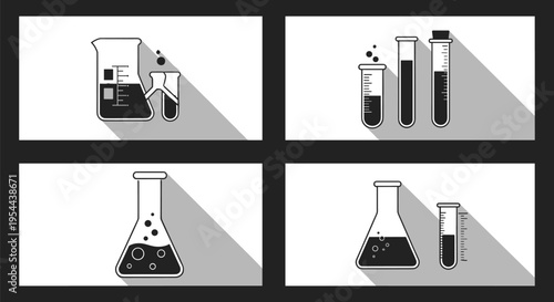 Four black and white illustrations of different laboratory glassware including beakers and flasks with long shadows on a dark frame.