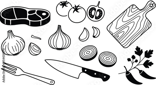 Food Ingredients Vector Illustration with Steak, Vegetables