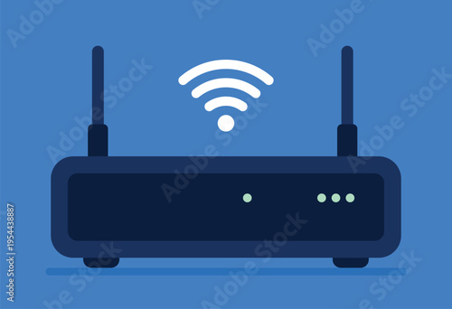 wifi router device illustration, modern flat modem with dual antennas and signal icon, internet network equipment for home office setup dashboard ui and connectivity concept, vector illustration