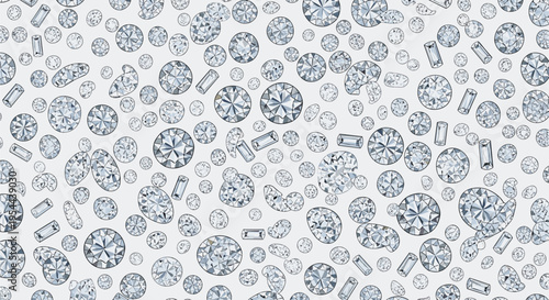 Seamless pattern of various sparkling diamonds and gemstones in different shapes and sizes on light gray background for luxury texture.