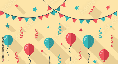Festive party background with red and blue balloons colorful bunting flags stars and confetti on light yellow backdrop.