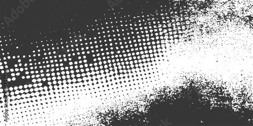 Abstract monochrome artwork displays a textured aesthetic, with a dotted pattern seamlessly transitions into a distressed overlay, creating a dynamic visual experience. 