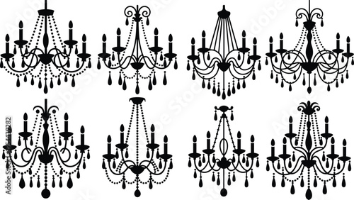 Black silhouette illustration of ornate chandeliers with decorative arms, candle lights, beads, flourishes, interior design inspiration, elegant decoration, artistic graphic design concept