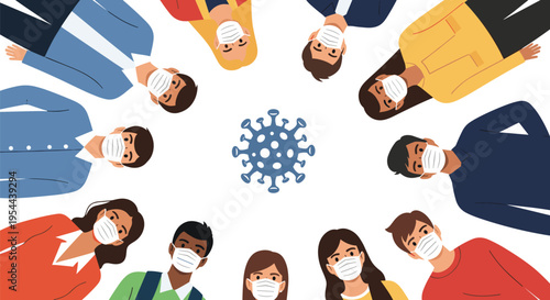 Diverse group of people wearing medical face masks looking down from a high angle with a coronavirus icon in the center.