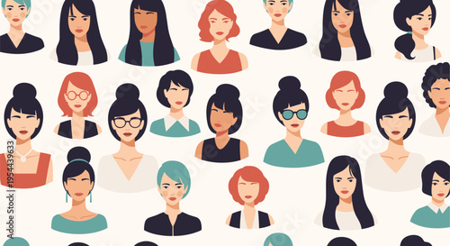 Diverse pattern of various woman faces with different hairstyles skin tones and glasses on a light background.
