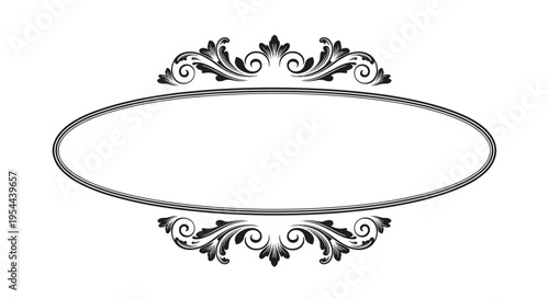 Simple black oval frame with elegant floral ornaments on the top and bottom isolated on white background for invitations.